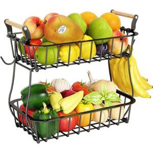 2 Tier Fruit Basket with 2 Banana Hangers,Countertop Fruit Vegetable Basket Bowl